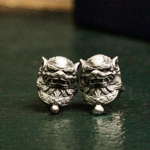 Mythical animal greyhound earrings, animal unique mask earrings, mascot, lion guardian amulet bell spiritual creature artisan vintagejewelry