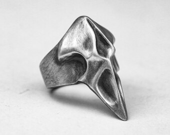 Viking Raven Skull Silver Ring, Dark Witchcraft Bird Skull Jewelry Gift