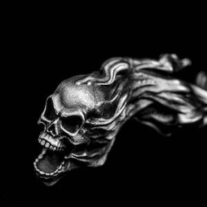Flame skull silver necklace\pendant-skeleton, rebellious personality unique aesthetic, death and end gift, handmade religious jewelry