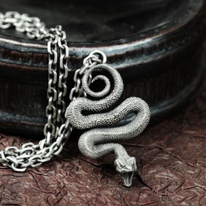 Op de afbeelding: Een zilveren slangenhangerketting met een gedetailleerd, gestructureerd ontwerp. De slang is opgerold en heeft een opgeheven kop met een open mond.