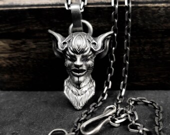 Sci-fi ghost face mask necklace, vintage bat demon necklace - dark night demon silver pendant, mysterious bat demon necklace