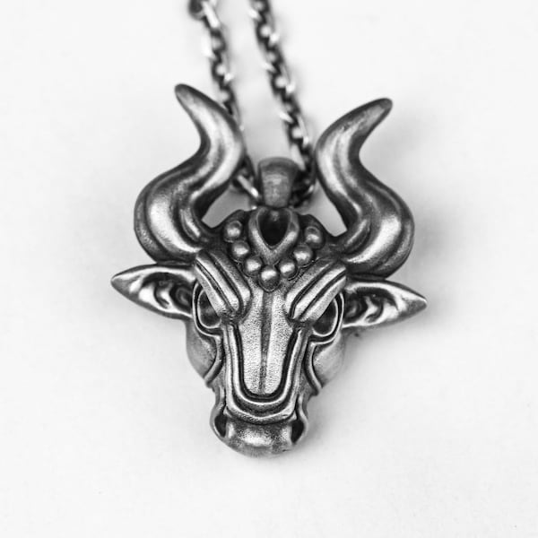 Bull Head Totem Animal Pendant Necklace Zodiac Ox Jewelry Traditional Gift Design Artisan Made 925 Sterling Silver Brass Men and Women