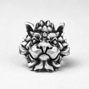 Lion King Ring, Leo Ring Gift, Silver Mane Lion Head Ring, Gatekeeper Wealth Mascot, Taotie Kirin Warcraft Onmyoji Handmade Ring