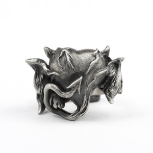 Op de afbeelding: Een zilveren ring met een gedetailleerd ontwerp van een roos met een duivelse staart.