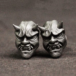 Fierce ghost Prajna mask earrings-Japanese ghost face silver earrings-evil smile ghost face earrings-ghost earrings-wisdom protection