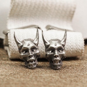 Sterling silver earrings, vampires, mechanical style mask earrings, ugly ghosts, evil ghost smiles, handmade vintage horn skull earrings