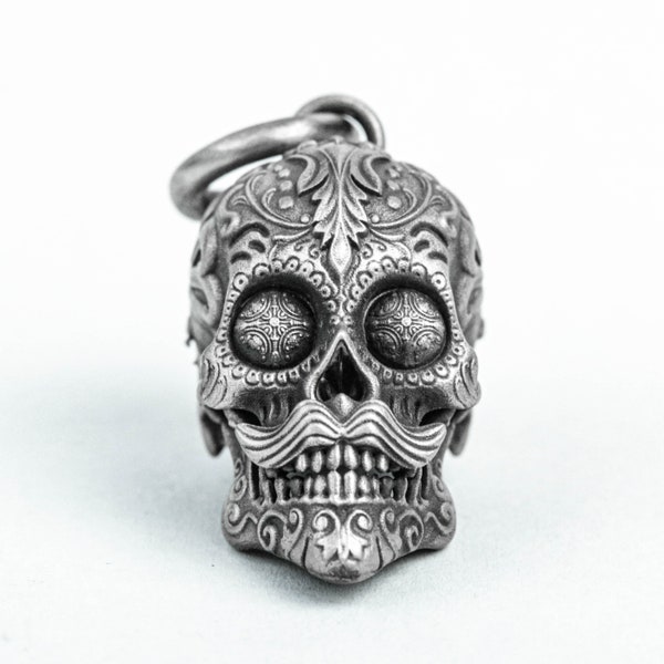 Bearded Pendant Necklace Artfully Hand Cast Floral Pattern Mexican Gangster Skull Boy Grim Reaper Gift 925 Sterling Silver Brass