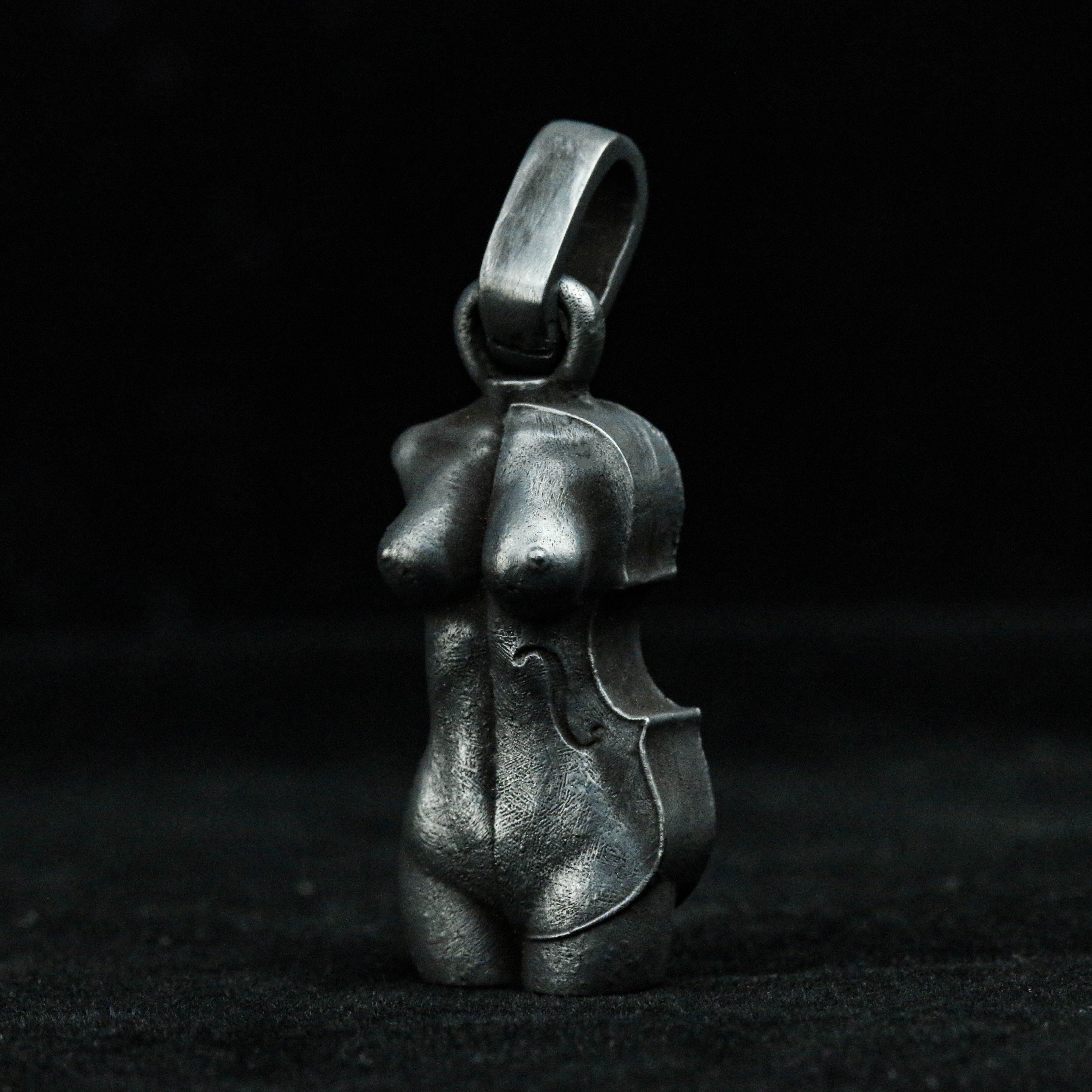 Seltene weibliche Geige 925 Sterling Silber Anhänger, sexy feministische Halskette, nackte Hexe Schmuck, einzigartige personalisierte Paar Geschenk
