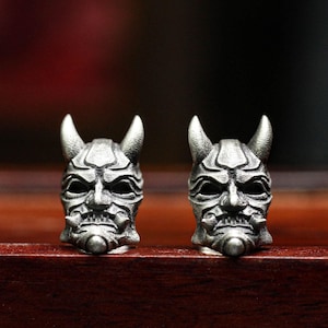 Japanese ghost mask earrings, men's jewelry, evil ghost Japanese anime Noh mask folklore mythology spirit unisex sterling silver earrings