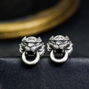 Tiger armor earrings, unique design bite ring tiger earrings, men's tiger earrings, sterling silver tiger head, mini tiger face earrings