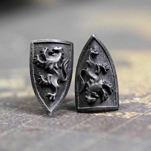 Lion shield earrings, symbol of protection and courage, medallion embossed leaping lion, beast jewelry, royal family jewelry