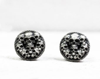 Sterling silver skull earrings, disc skull earrings, Gothic handcrafted jewelry