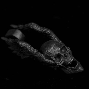 May include: A black metal skull with wings, the skull is open-mouthed and has a detailed texture.