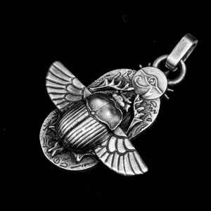 Ancient Egyptian Scarab Pendant - Insect Pendant Necklace - Sacred Totem Animal Angel Wings Flying Insect Craftsman Silver Beetle Jewelry