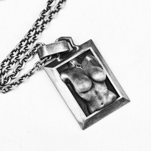 European style nude woman photo frame necklace pendant double breasts Venus goddess Italian gift for men and women 925 sterling silver