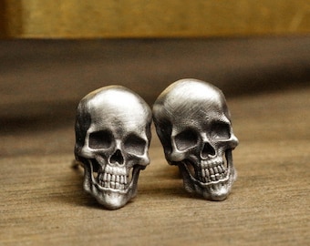 Handmade Sterling Silver 3D Skull Earrings, Punk Rock Jewelry
