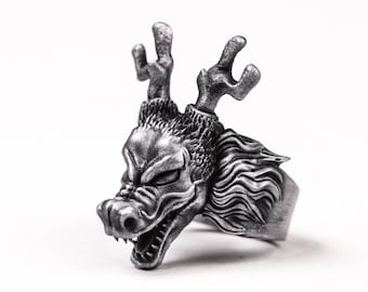 Handmade Sterling Silver Dragon Head Ring – Mythical Chinese Legend Jewelry