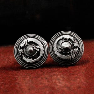 Abstract coiled dragon disc 925 sterling silver earrings/Knight's battle brand earrings/Double dragon earrings on coins/earrings gift forhim