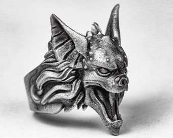 Bat ghost guardian ring gargoyle head acrylic animal vampire monster underworld Mayan civilization jewelry 925 silver men and women brass