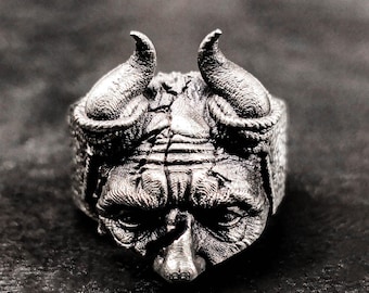Handcrafted Sterling Silver Horned Demon Ring – Greek Mythology Jewelry / White Bronze Ring