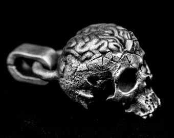 Brain Pendant Necklace Death Skull Human Anatomy Brain 3D Human Brain Handmade Solid Cast 925 Sterling Silver Brass Men Women