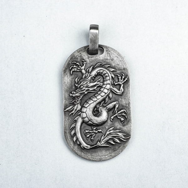 Chinese Style Carved Dragon Pendant Necklace Fantasy Dragon Jewelry Flying Wings Medieval Handmade 925 Silver Brass Men