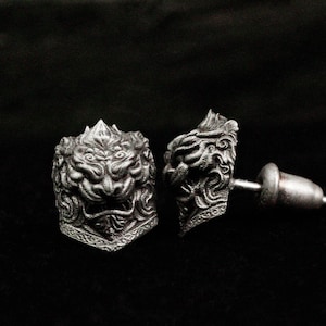 Divine lion earrings - majestic lion head men's earrings - shield relief sacred lion earrings - lion amulet - spirit realm god earrings