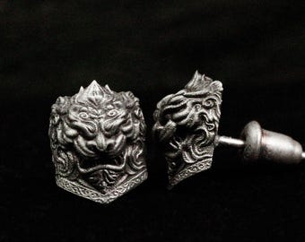 Sterling Silver Lion Head Earrings – Majestic Shield Relief, Men's Jewelry