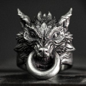 Wolf head ring with a ring, wolf handmade ring, Nordic wolf ring, silverwolf, 3D wolf head ring, majestic wolf men&#39;sringgift, boldanimalring