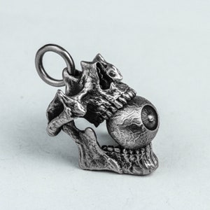 Creepy Eyeball Skull Pendant Necklace Evil Horror Fangs Silver Jewelry One Eyed Monster 925 Sterling Silver Brass Men and Women