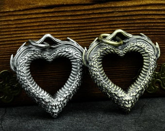 Large dragon scale heart-shaped sterling silver pendant, brass heart-shaped gift, Gothic jewelry.