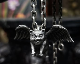 Kawaii Fat Cat Angel Sterling Silver Pendant – Winged Cat Jewelry