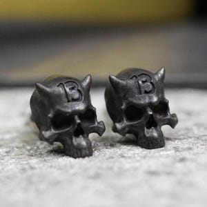 Horned demon skull earrings, half-faced skull earrings, skull earrings for men, black or antique color, custom skull silver jewelry