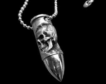 Gothic Bullet Pendant, Dual‑sided Skull & Cross, Oxidized Silver