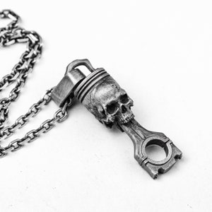 Collar con colgante de calavera de pistón de motor gótico, infierno, muerte, humano, industria pesada, llave mecánica, cerradura, joyería de plata 925, latón, para hombres y mujeres