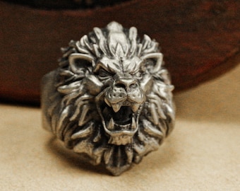 Men's Lion Head Ring – Sterling Silver Zodiac Signet, Animal Jewelry