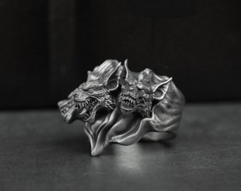 Three-Headed Vicious Dog Ring-Wolf Dog Ring-Men&#39;s Gothic Ring-Gothic Style Jewelry Gift-Gift for Husband-925 Sterling Silver Brass