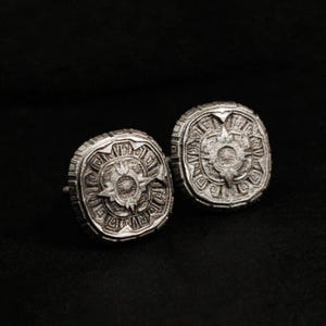 Mayan Sun Totem Earrings - Mexican Aztec Square 925 Sterling Silver Earrings - Ancient Indian Mayan Jewelry - Sun Calendar Earrings
