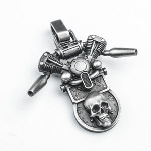 Engine Piston Skull Pendant - 925 Silver or Brass, Mechanical Jewelry