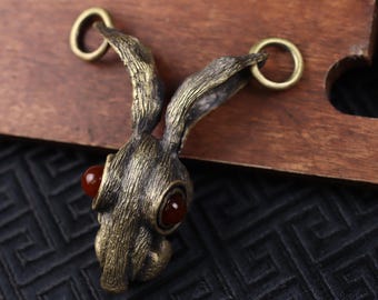 Brass March Hare Pendant, Red Agate Eye Necklace, Alice in Wonderland Gothic Rabbit Charm