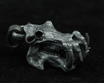Hippopotamus head pendant necklace skull animal bone big fangs canine teeth scary three-dimensional jaw 925 sterling silver brass men