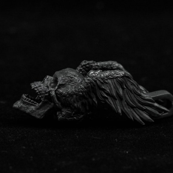 Silver Death Skull Wings Pendant, Mysterious Gift - Gothic Brass Necklace, Tattoo Fallen Angel Apocalyptic Style, Demonic Wings Gift