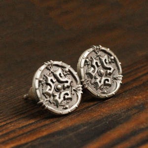 Viking warrior badge earrings, Viking shield coin earrings, Celtic pattern earrings, rune protection amulet, Norse, sterling silver earrings