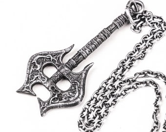 Vintage Carved Viking Axe Silver Necklace, Gothic Mens Pendant