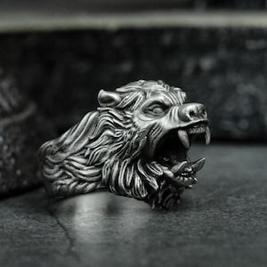 Roaring Bear Ring - Silver Bear Ring - Vintage Animal Ring for Men - Wild Animal Viking Bear - Natural Men&#39;s Silver Wedding Ring