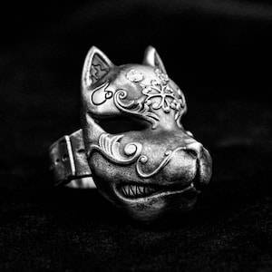Japanese Mythology Fox Mask Pattern Ring Looking for Strange Fox Fairy Wind Demon Cat Dance Skirt 925 Silver Brass Men and Women