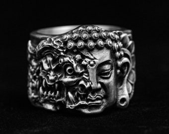 Handmade Buddha & Devil Sterling Silver Ring, Rustic Finish