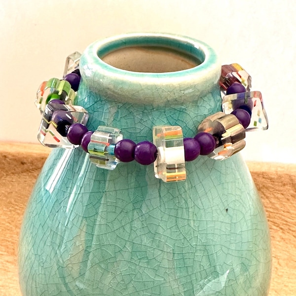 Unique Candy Stripe bracelet, stretchy/tensile bracelet, all colors, purple wooden beads