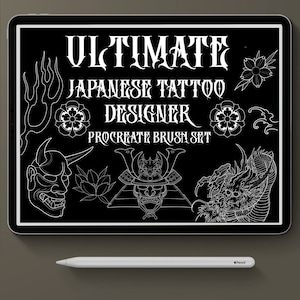 May include: A black digital tablet displays white line art of Japanese tattoo designs, including a dragon, samurai helmet, and floral elements. The text "ULTIMATE JAPANESE TATTOO DESIGNER PROCREATE BRUSH SET" is also visible. A white Apple Pencil rests below.