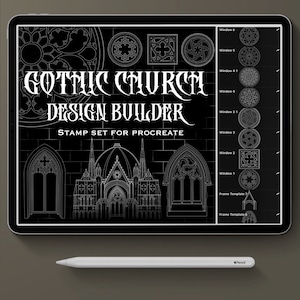 Pode incluir: Ilustração digital em um tablet com um conjunto de design de igreja gótica. O texto diz "Gothic Church Design Builder, Stamp Set for Procreate". Inclui elementos arquitetônicos e uma Apple Pencil branca.